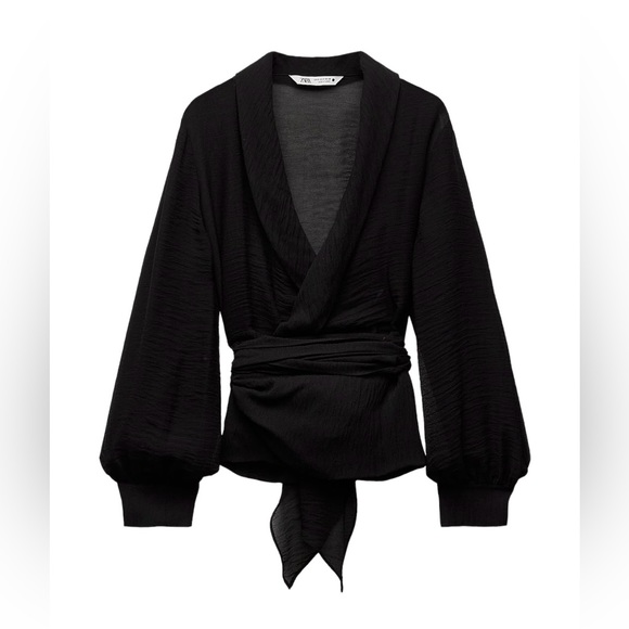Zara NWT Small Structured Blouse Lantern Cuffed Sleeves Black Waist Tie - Picture 6 of 13